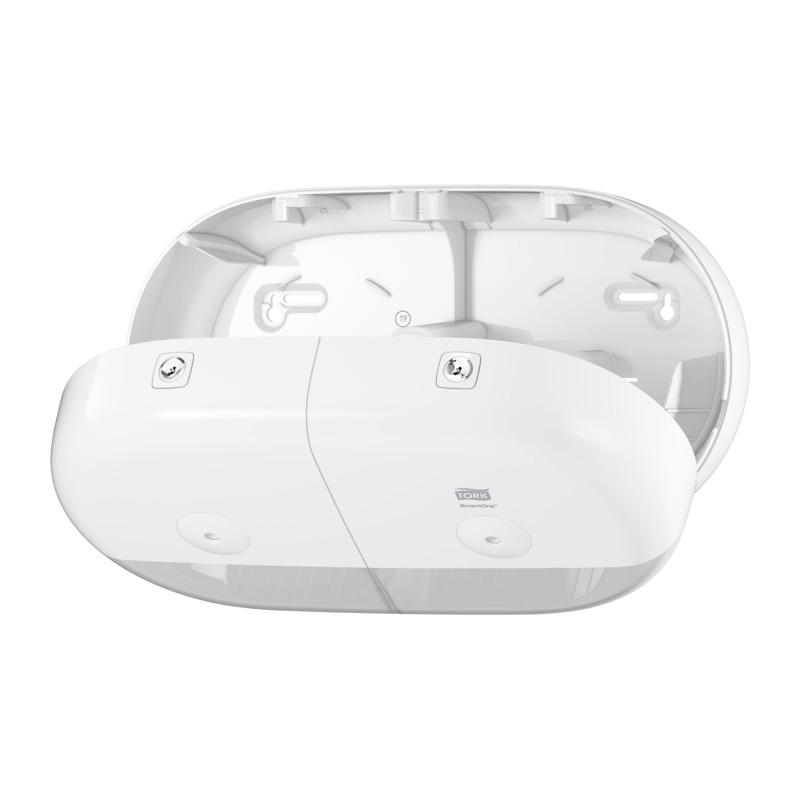 Tork SmartOne® Mini dvojitý zásobník na toaletný papier v kotúči, biely